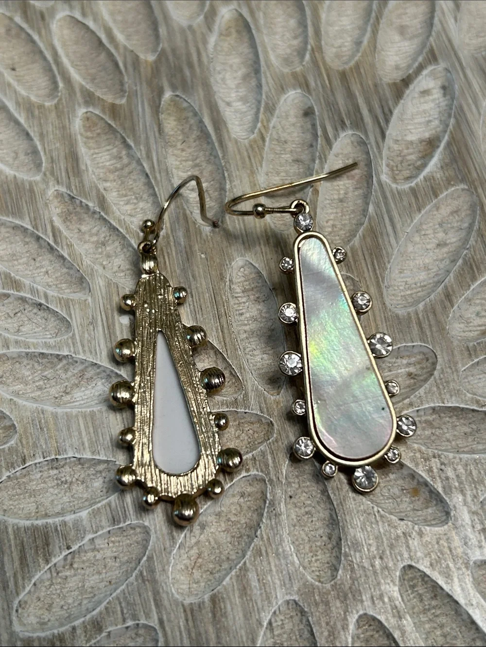 Mother-of-Pearl Teardrop Earrings Set in Gold with Crystal Accents